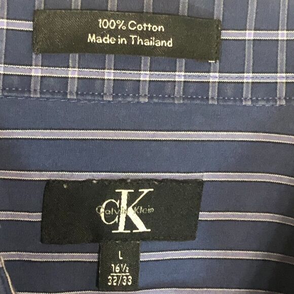 Calvin Klein Men's Blue Stripe Dress Shirt L 16.5 32/33 100% Cotton Button-Down - Picture 3 of 4